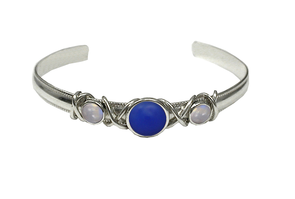 Sterling Silver Hand Made Cuff Bracelet With Blue Onyx And Rainbow Moonstone